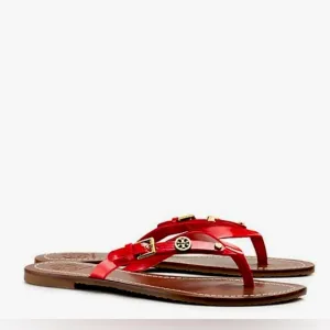 Tory Burch Women’s Flat Thong Patent Saffiano sandals Masai-Red(orange red)Sz 8