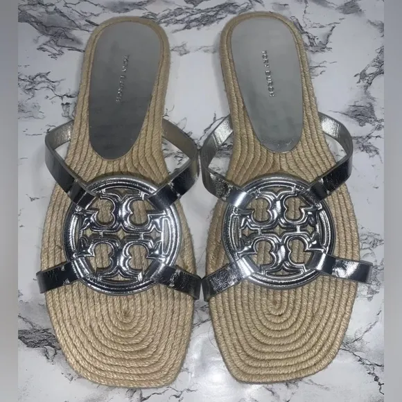 Tory Burch Women’s Geo Bombe Miller Espadrille Slide Sandals Silver Sz 10 NEW