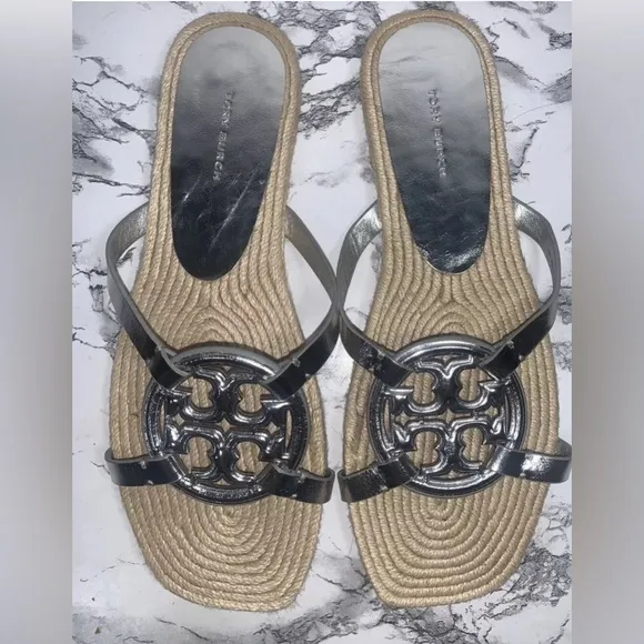 Tory Burch Women’s Geo Bombe Miller Espadrille Slide Sandals Silver Sz 10 NEW