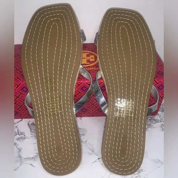 Tory Burch Women’s Geo Bombe Miller Espadrille Slide Sandals Silver Sz 10 NEW