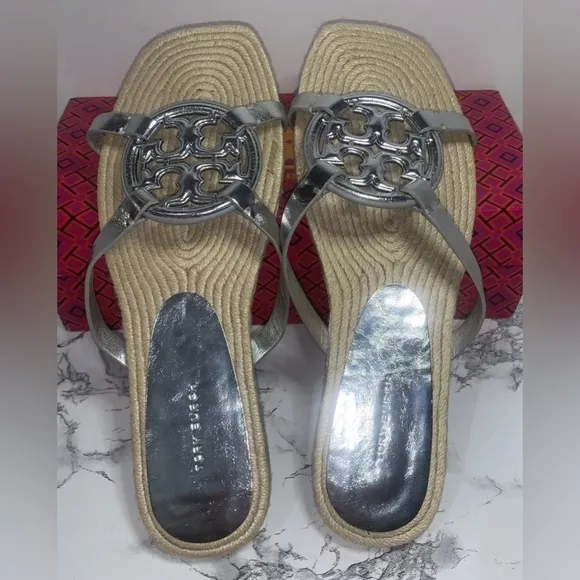 Tory Burch Women’s Geo Bombe Miller Espadrille Slide Sandals Silver Sz 10 NEW