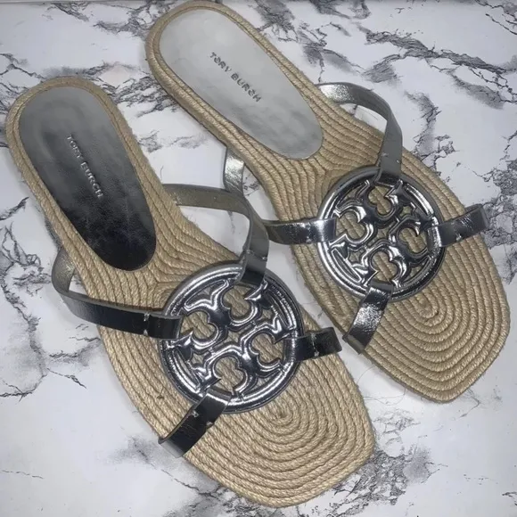 Tory Burch Women’s Geo Bombe Miller Espadrille Slide Sandals Silver Sz 10 NEW