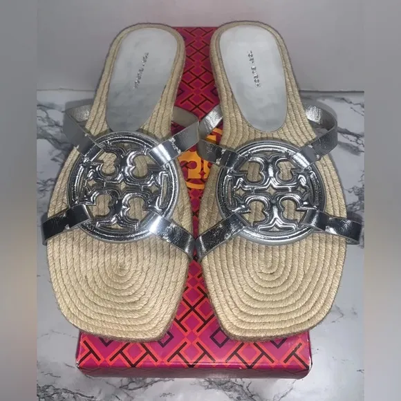 Tory Burch Women’s Geo Bombe Miller Espadrille Slide Sandals Silver Sz 10 NEW