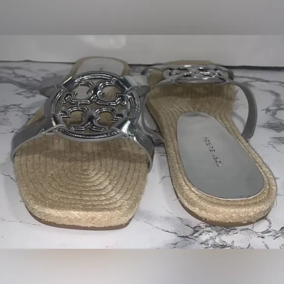 Tory Burch Women’s Geo Bombe Miller Espadrille Slide Sandals Silver Sz 10 NEW