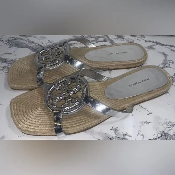 Tory Burch Women’s Geo Bombe Miller Espadrille Slide Sandals Silver Sz 10 NEW