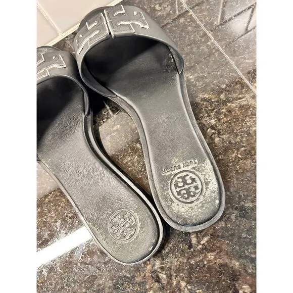 Tory Burch Women's Leather Ines Flat Slide Sandals Black Silver Size 7.5M