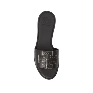 Tory Burch Women's Leather Ines Flat Slide Sandals Black Silver Size 7.5M