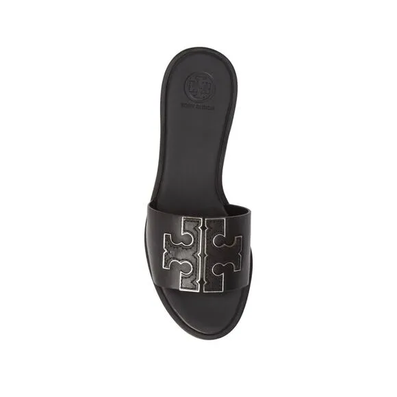 Tory Burch Women's Leather Ines Flat Slide Sandals Black Silver Size 7.5M
