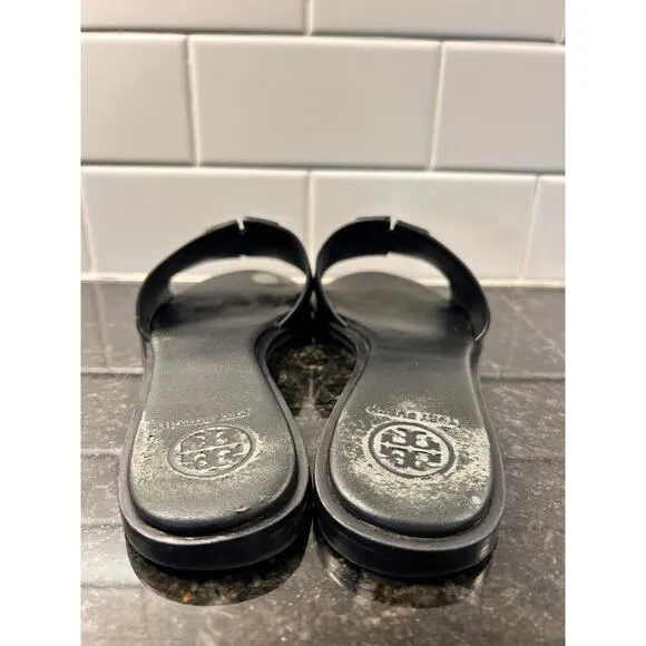 Tory Burch Women's Leather Ines Flat Slide Sandals Black Silver Size 7.5M