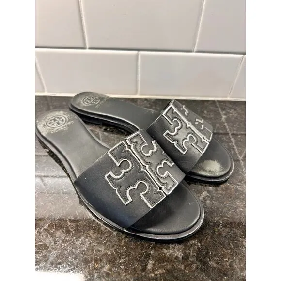 Tory Burch Women's Leather Ines Flat Slide Sandals Black Silver Size 7.5M