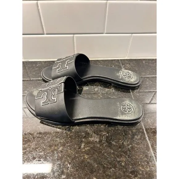 Tory Burch Women's Leather Ines Flat Slide Sandals Black Silver Size 7.5M
