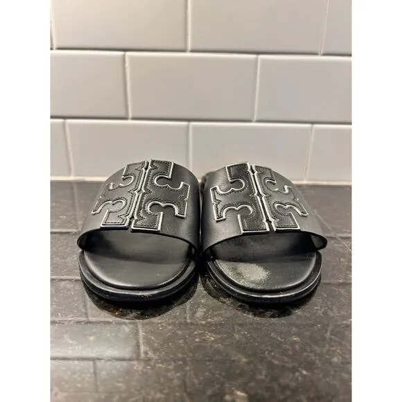 Tory Burch Women's Leather Ines Flat Slide Sandals Black Silver Size 7.5M