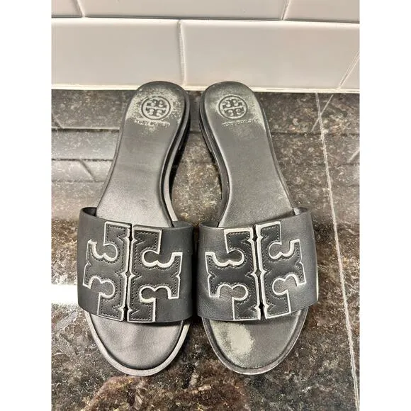 Tory Burch Women's Leather Ines Flat Slide Sandals Black Silver Size 7.5M