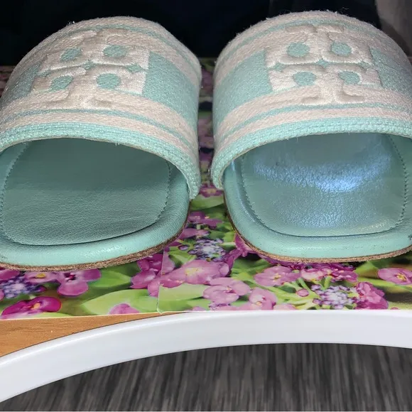 Tory Burch Women's Logo Jacquard leather Slide Sandals 8.5