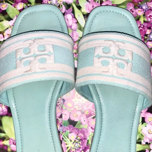 Tory Burch Women's Logo Jacquard leather Slide Sandals 8.5