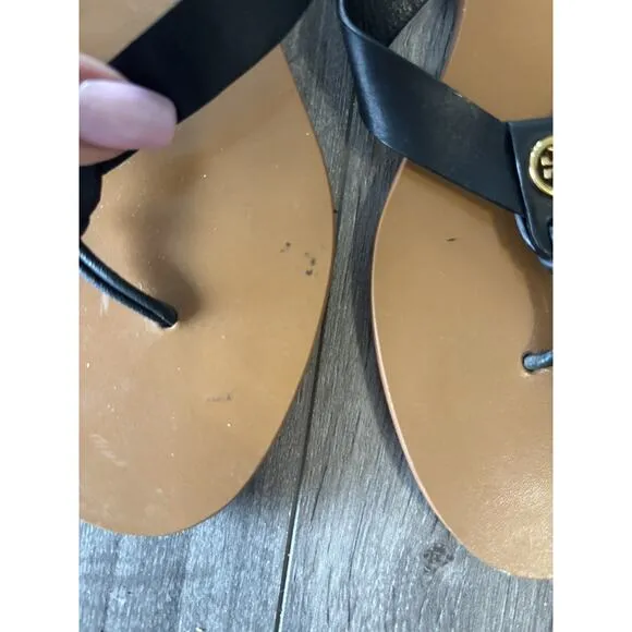 Tory Burch Women's Manon Thong Sandals Black Leather Logo Slip-On Summer 6
