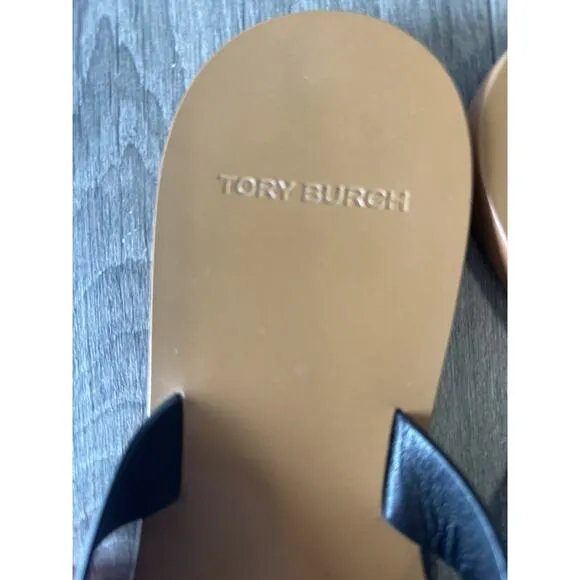 Tory Burch Women's Manon Thong Sandals Black Leather Logo Slip-On Summer 6