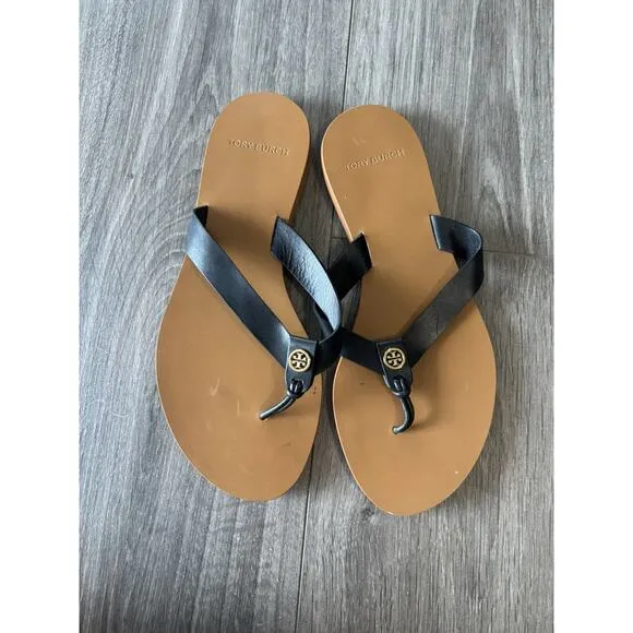 Tory Burch Women's Manon Thong Sandals Black Leather Logo Slip-On Summer 6