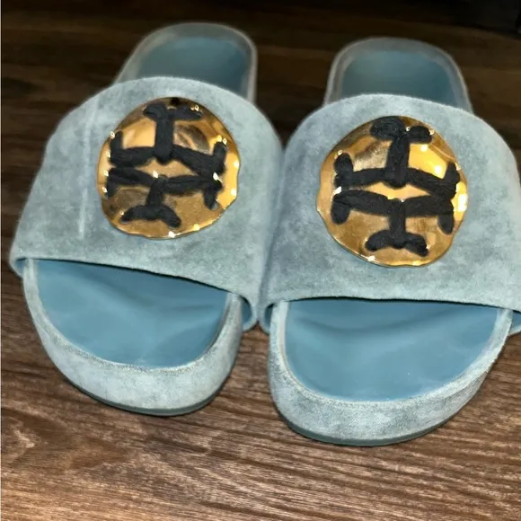TORY BURCH WOMENS SUEDE LEATHER PATOS BLUE SLIDE PLATFORM SANDALS SIZE 8