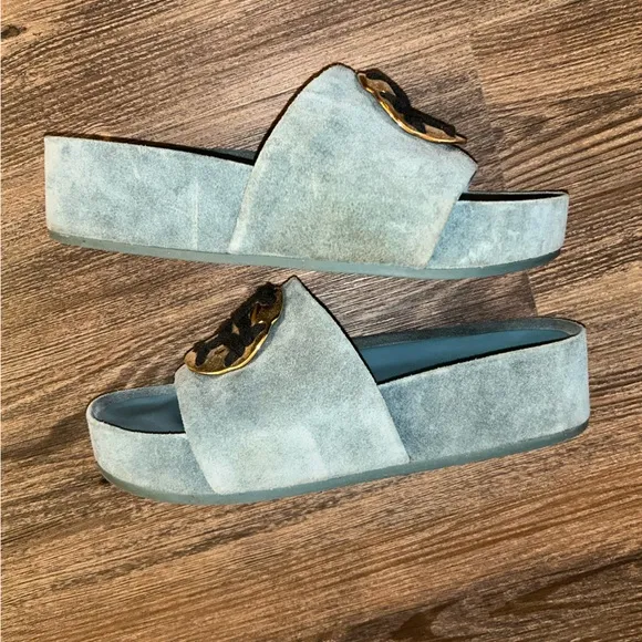 TORY BURCH WOMENS SUEDE LEATHER PATOS BLUE SLIDE PLATFORM SANDALS SIZE 8