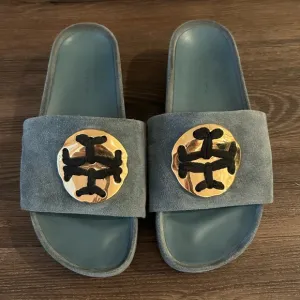 TORY BURCH WOMENS SUEDE LEATHER PATOS BLUE SLIDE PLATFORM SANDALS SIZE 8