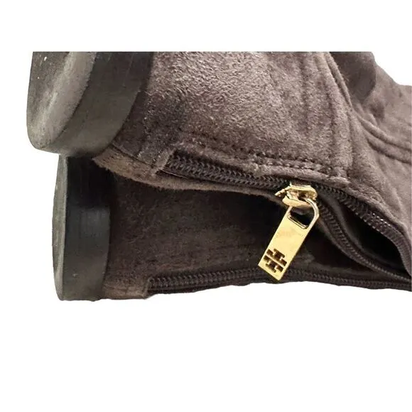 Tory Burch Irene chocolate brown suede with gold hardware design equestrian ridi