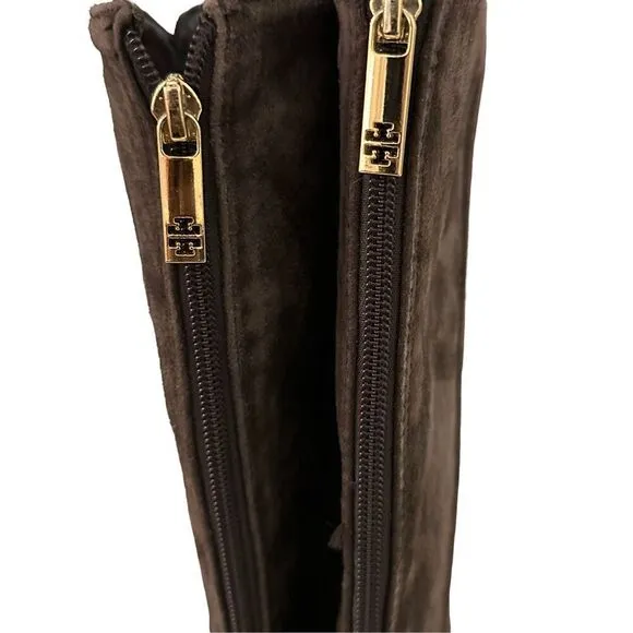 Tory Burch Irene chocolate brown suede with gold hardware design equestrian ridi
