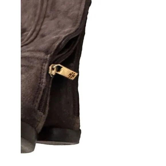 Tory Burch Irene chocolate brown suede with gold hardware design equestrian ridi