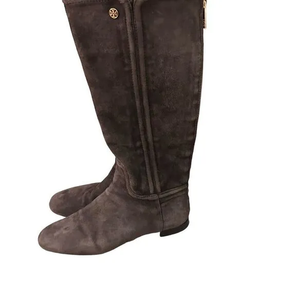 Tory Burch Irene chocolate brown suede with gold hardware design equestrian ridi