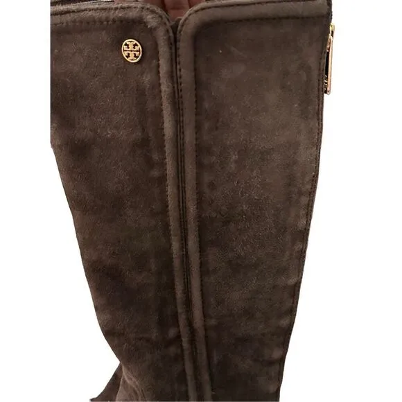Tory Burch Irene chocolate brown suede with gold hardware design equestrian ridi