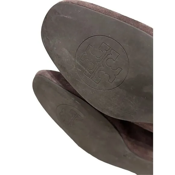 Tory Burch Irene chocolate brown suede with gold hardware design equestrian ridi