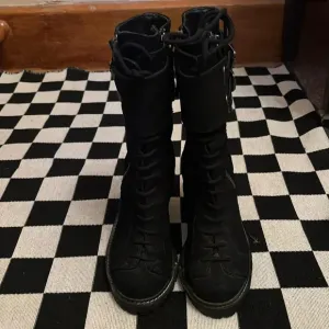 True religion black suede boots. Size 6.5. Zippers, buckles laces. Punk rock