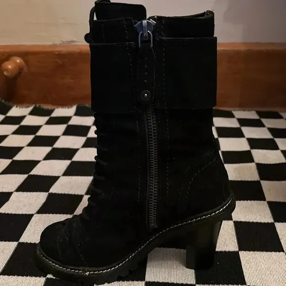 True religion black suede boots. Size 6.5. Zippers, buckles laces. Punk rock