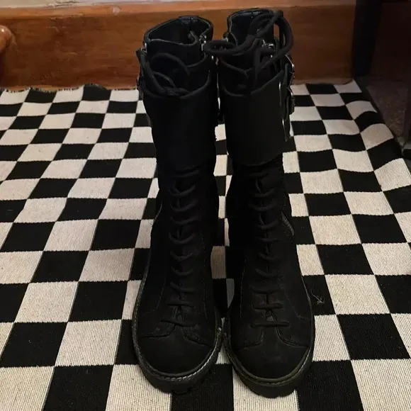 True religion black suede boots. Size 6.5. Zippers, buckles laces. Punk rock