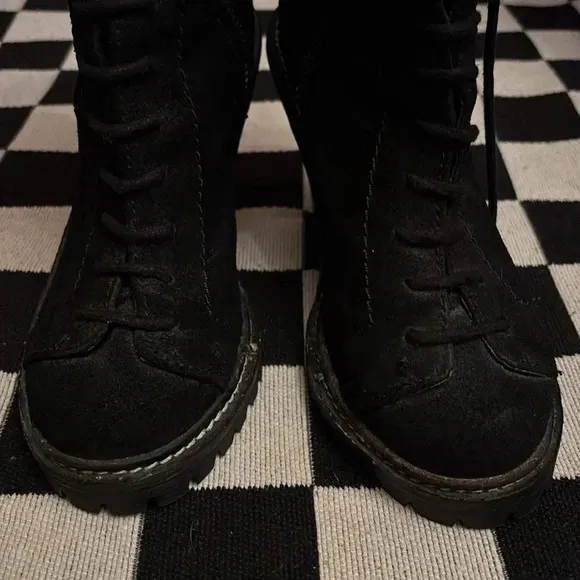 True religion black suede boots. Size 6.5. Zippers, buckles laces. Punk rock