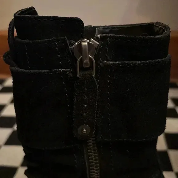 True religion black suede boots. Size 6.5. Zippers, buckles laces. Punk rock