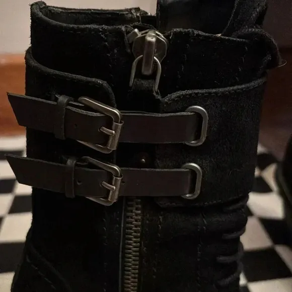 True religion black suede boots. Size 6.5. Zippers, buckles laces. Punk rock