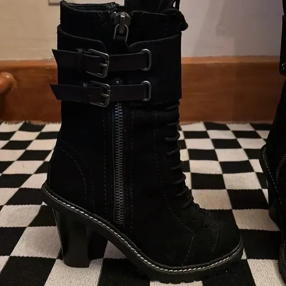 True religion black suede boots. Size 6.5. Zippers, buckles laces. Punk rock