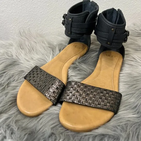UGG Australia Ankle Wrap Gladiator Open Toe Flat Sandals Black Metallic Size 8.5