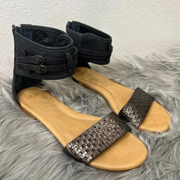 UGG Australia Ankle Wrap Gladiator Open Toe Flat Sandals Black Metallic Size 8.5