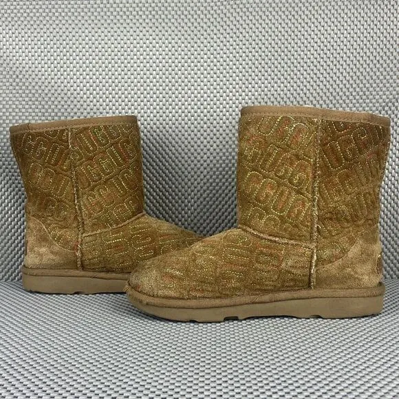 UGG Australia Classic Ii Graphic Stitch Boots Girls Size 2 Brown Casual