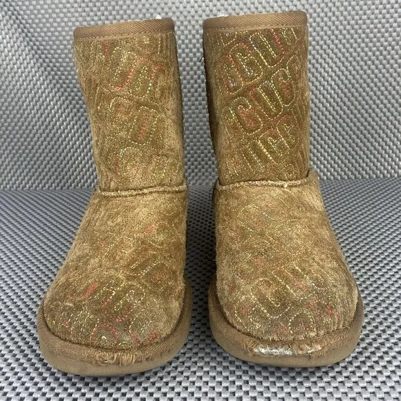 UGG Australia Classic Ii Graphic Stitch Boots Girls Size 2 Brown Casual