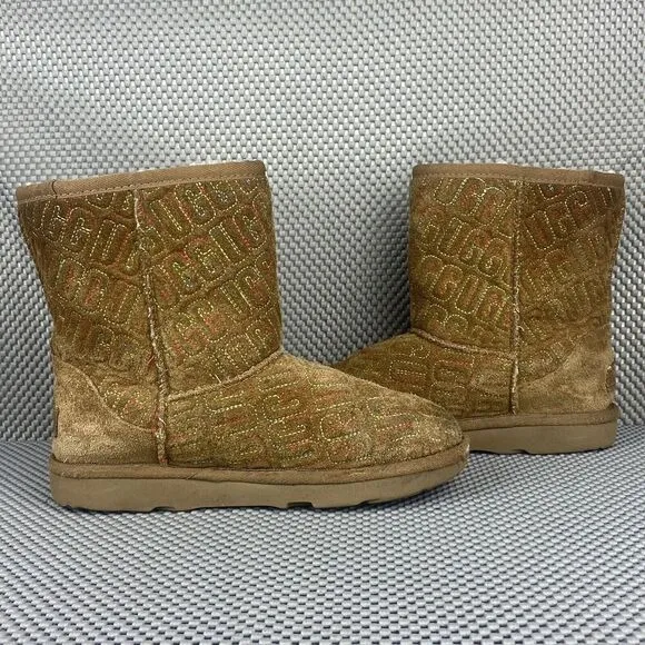 UGG Australia Classic Ii Graphic Stitch Boots Girls Size 2 Brown Casual