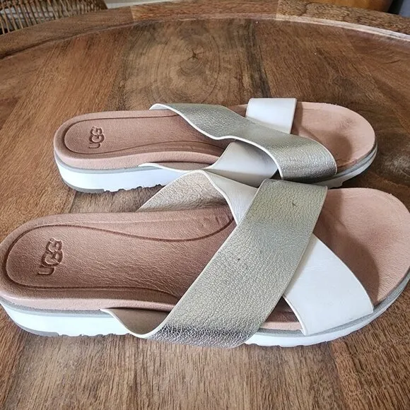 UGG Australia Kari Flat White Silver Metallic Sandals US Womens Size 6.5