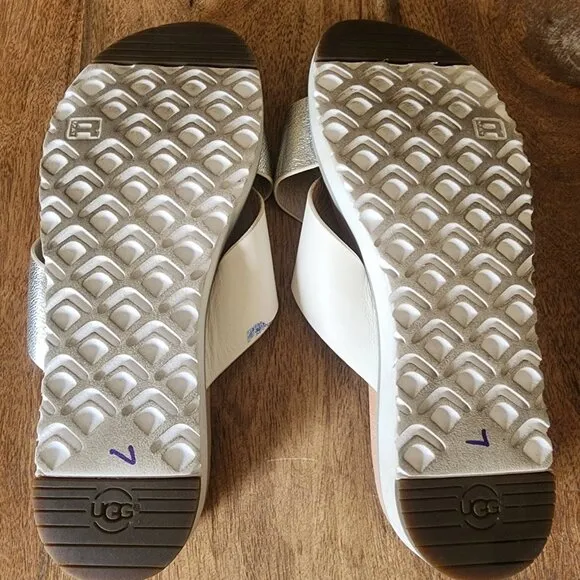 UGG Australia Kari Flat White Silver Metallic Sandals US Womens Size 6.5