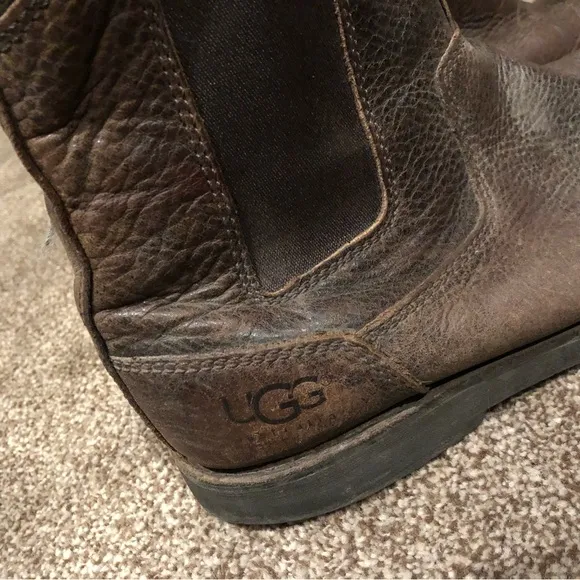UGG Australia Men’s 11 Brown Leather Boots Genuine Sheepskin Slip On Shoes