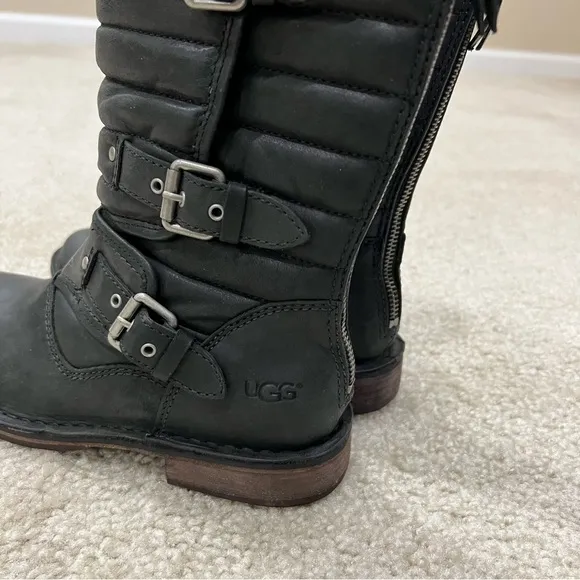 UGG Australia Women's Sz 5 Tatum Black Leather  Buckle Moto Riding Boots 1001833
