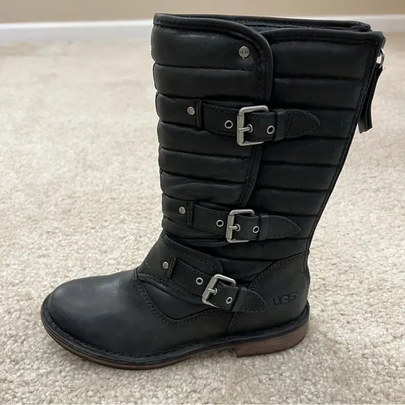 UGG Australia Women's Sz 5 Tatum Black Leather  Buckle Moto Riding Boots 1001833