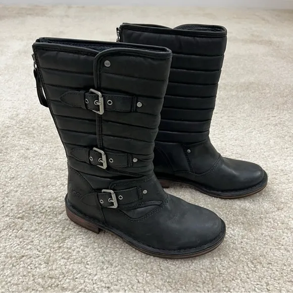 UGG Australia Women's Sz 5 Tatum Black Leather  Buckle Moto Riding Boots 1001833