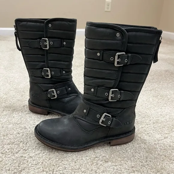 UGG Australia Women's Sz 5 Tatum Black Leather  Buckle Moto Riding Boots 1001833